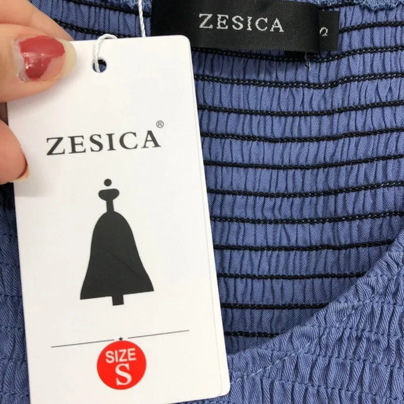 NWT Zesica shirred bodice tiered skirt short sleeve dress dusty blue v-neck S - Picture 6 of 13